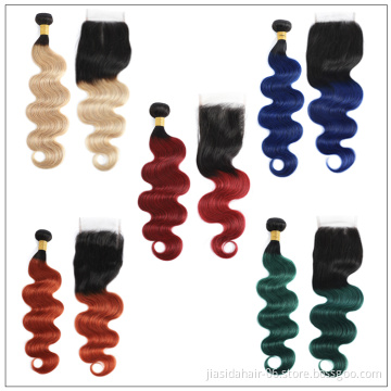 Colored Hair Brazilian Body Wave Top HD Transparent 4x4 Lace Closure With Bundles Remy 100% Human Hair Weaves